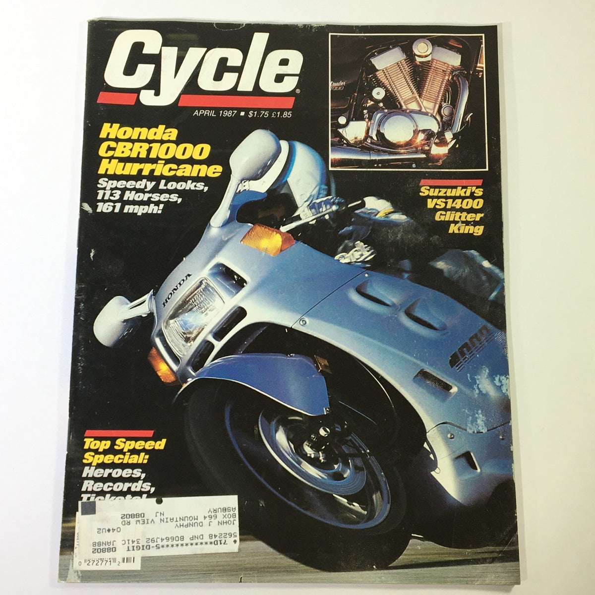 Vintage Cycle Magazine April 1987 featuring Honda CBR1000 Hurricane and Suzuki VS1400 King on the cover. This collectible motorcycle magazine showcases iconic bikes, highlighting their performance and design.