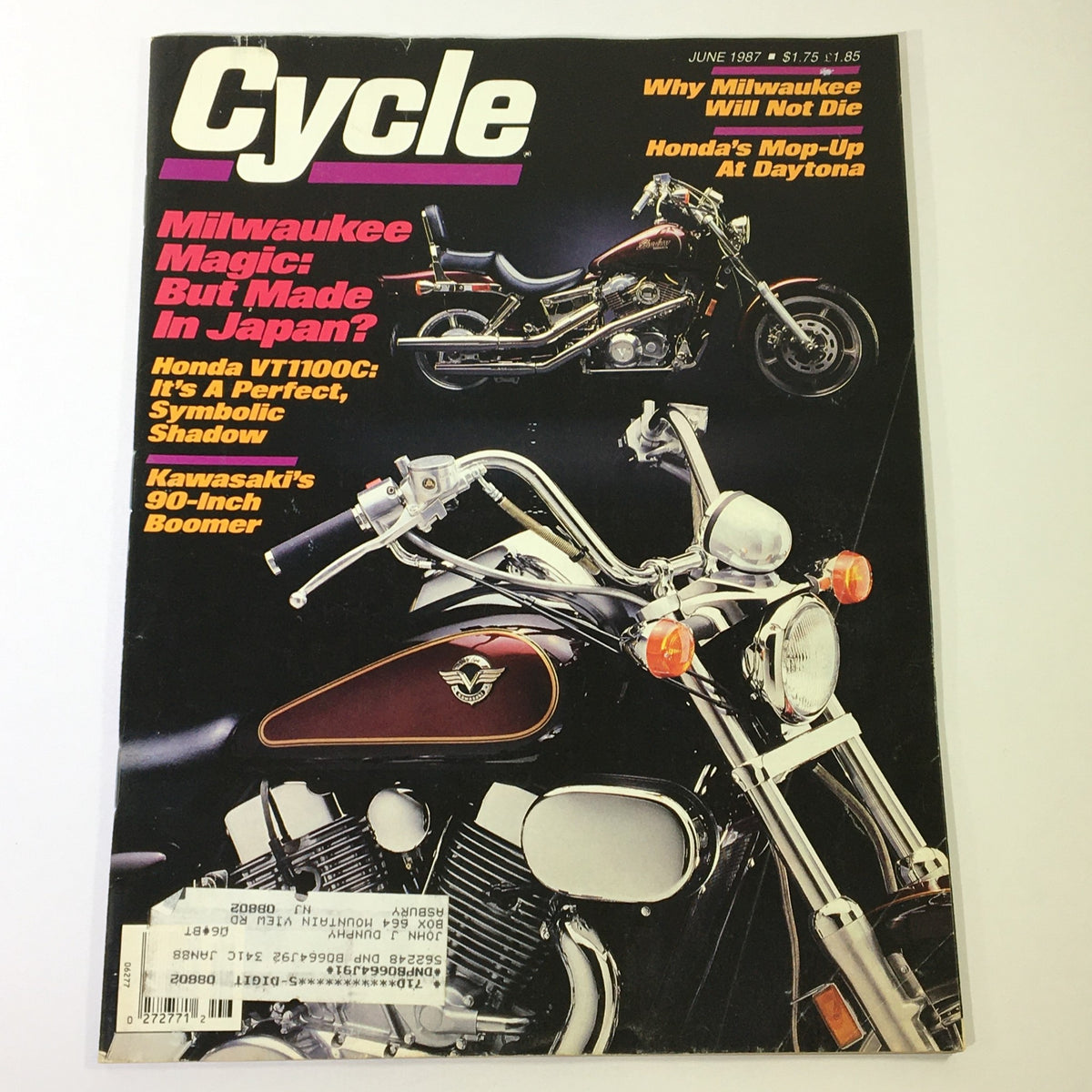 Cover of VTG Cycle Magazine June 1987 featuring Honda VT1100C Shadow and Kawasaki 90-Inch Boomer, showcasing motorcycle culture and design from the late 80s.