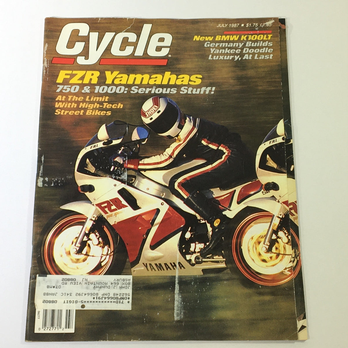 Cover of VTG Cycle Magazine July 1987 featuring BMW K100LT and FZR Yamaha 750 & 1000 street bikes with a motorcyclist in racing gear.
