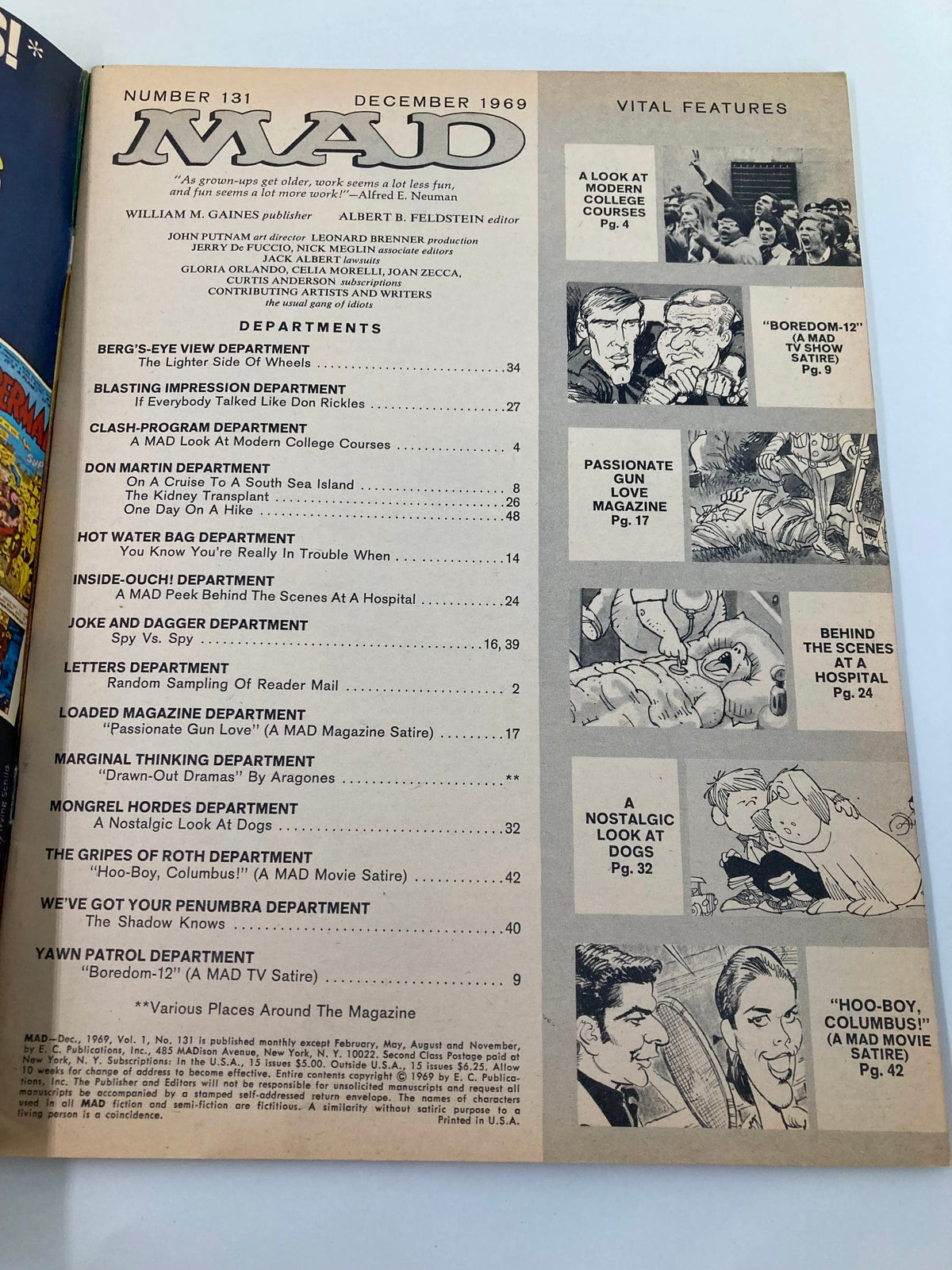 Interior page of Mad Magazine December 1969 No. 131 showcasing the table of contents with featured departments and illustrations.