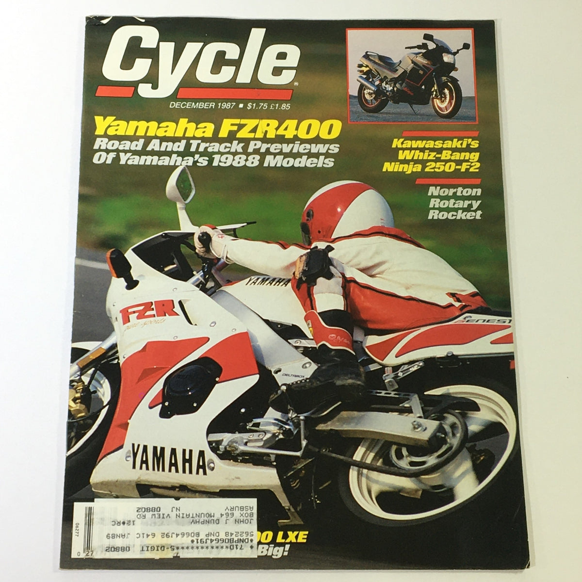 Cycle Magazine December 1987 cover featuring Yamaha FZR400 and Kawasaki Ninja 250-F2, showcasing a motorcyclist riding the Yamaha FZR400.