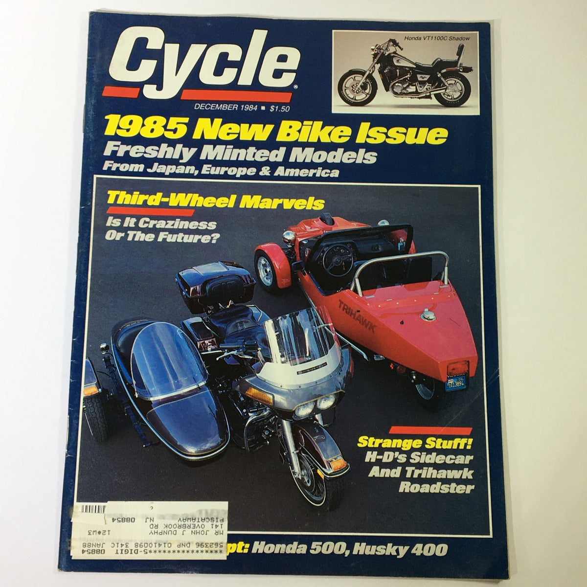 VTG Cycle Magazine December 1984 featuring Honda VT1100C Shadow, Honda 500, and Harley Davidson Sidecar. Cover highlights the 1985 New Bike Issue and Third-Wheel Marvels.