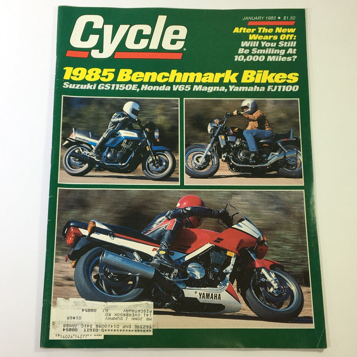 Cover of VTG Cycle Magazine January 1985 featuring benchmark bikes: Suzuki GS1150E, Honda V65 Magna, and Yamaha FJ1100 with articles on motorcycle performance.