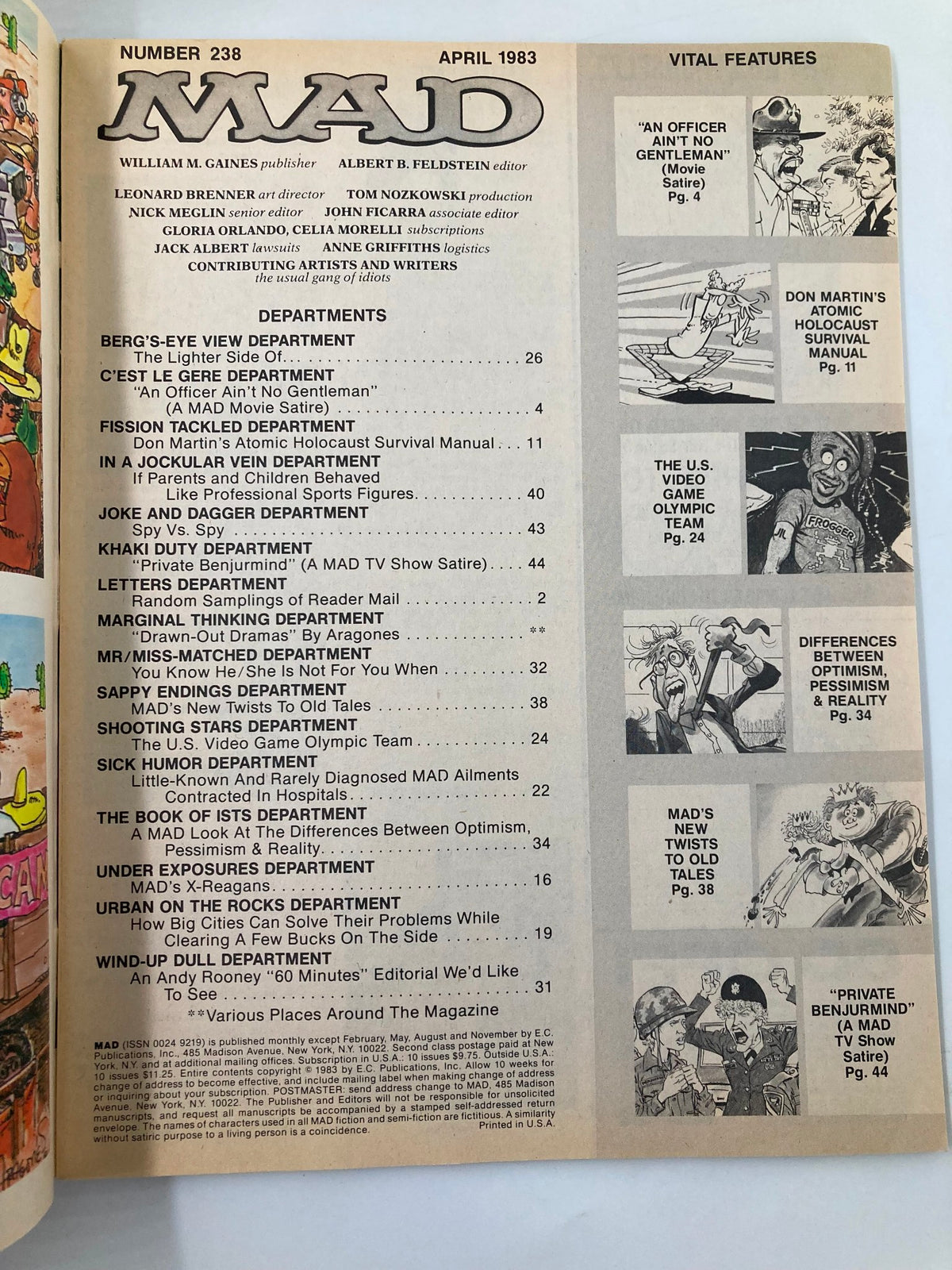 Inside page of Mad Magazine April 1983 No. 238 showcasing the table of contents and features including various satirical pieces and departments.