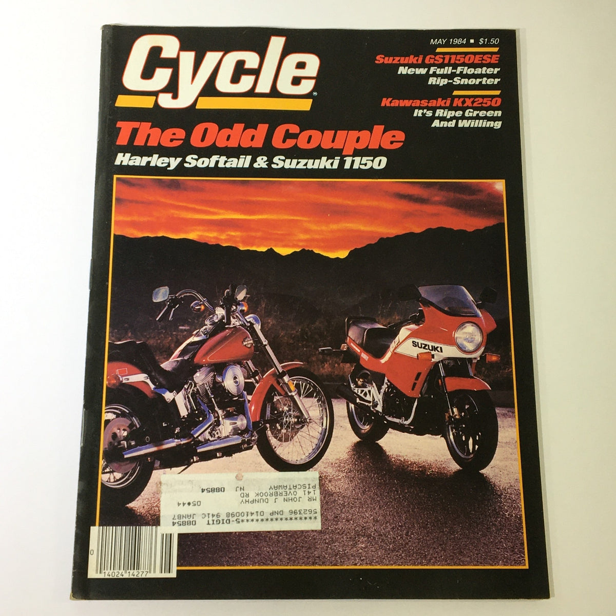 VTG Cycle Magazine May 1984 cover featuring Suzuki GS1150ESE and Kawasaki KX250 alongside a Harley Softail, showcasing vintage motorcycle culture.