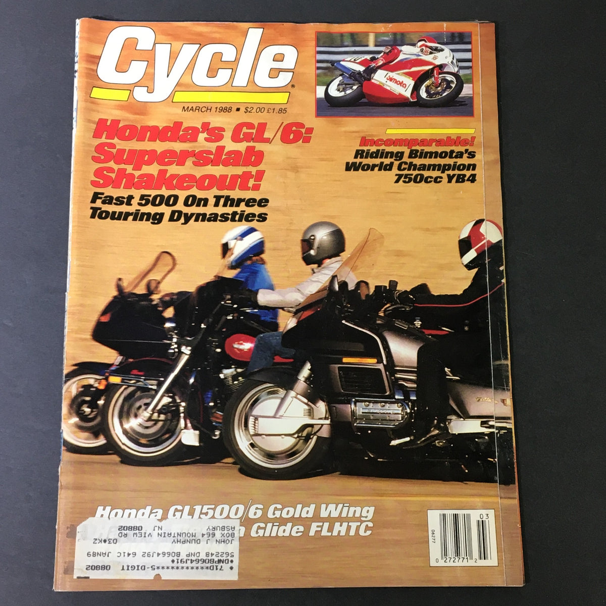 Vintage Cycle Magazine March 1988 cover showcasing Honda's GL/6 and Bimota 750cc YB4, featuring motorcycle enthusiasts and key highlights like 'Superslab Shakeout'.
