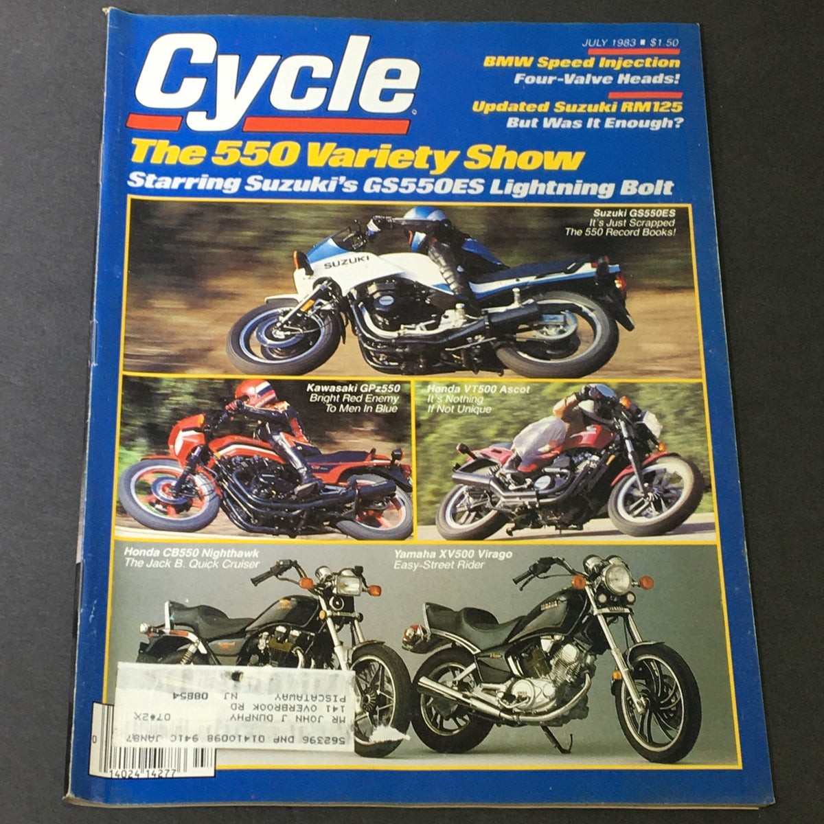 Cycle Magazine July 1983 cover featuring the Kawasaki GPz550, Honda VT500 Ascot, CB550 Nighthawk, and Yamaha XV500 Virago, showcasing a variety of classic motorcycles.