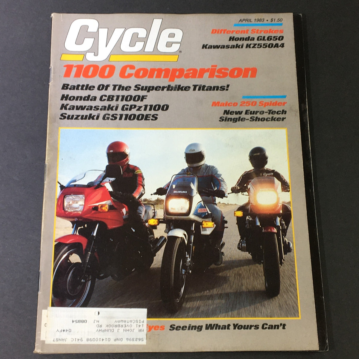 Cover of VTG Cycle Magazine April 1983 featuring the Honda GL650, Kawasaki KZ550A4, and Suzuki GS1100ES with a group of motorcyclists on the road, highlighting the '1100 Comparison' feature.