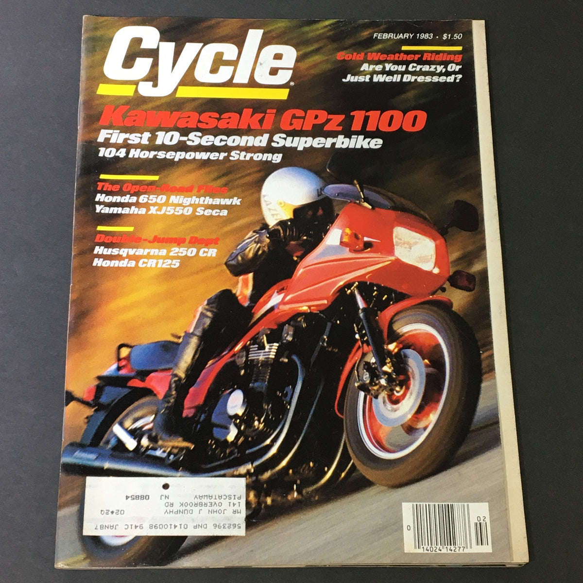 Vintage Cycle Magazine February 1983 featuring the Kawasaki GPz1100, the first 10-second superbike, along with highlights on Honda CR125 and Yamaha XJ550, showcasing motorcycle culture and advancements from the early 1980s.