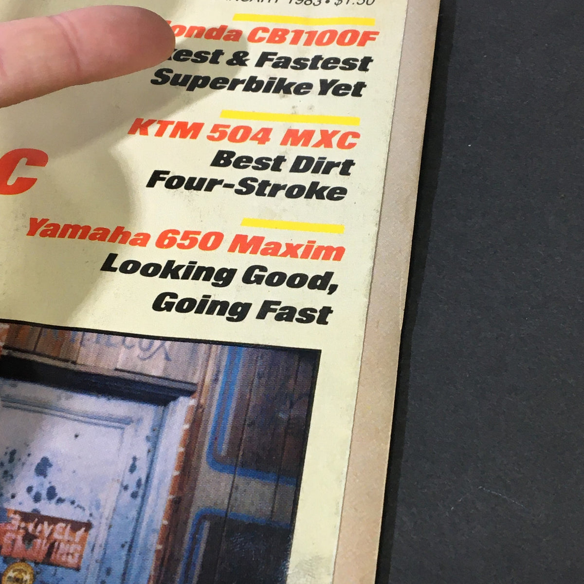 Close-up of the cover of the January 1983 VTG Cycle Magazine showcasing the featured models: Honda CB1100F, KTM 504 MXC, and Yamaha 650 Maxim.