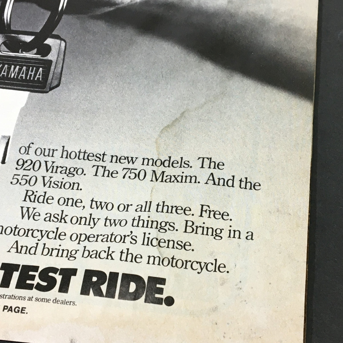 Advertisement from the January 1983 VTG Cycle Magazine promoting Yamaha motorcycles, featuring a keychain and text about new models.