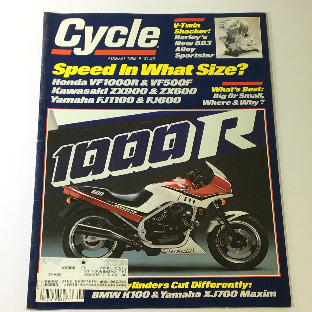 Cycle Magazine August 1985 Cover featuring Harley 883 Alloy Sportster and Honda VF1000R with title Speed In What Size?