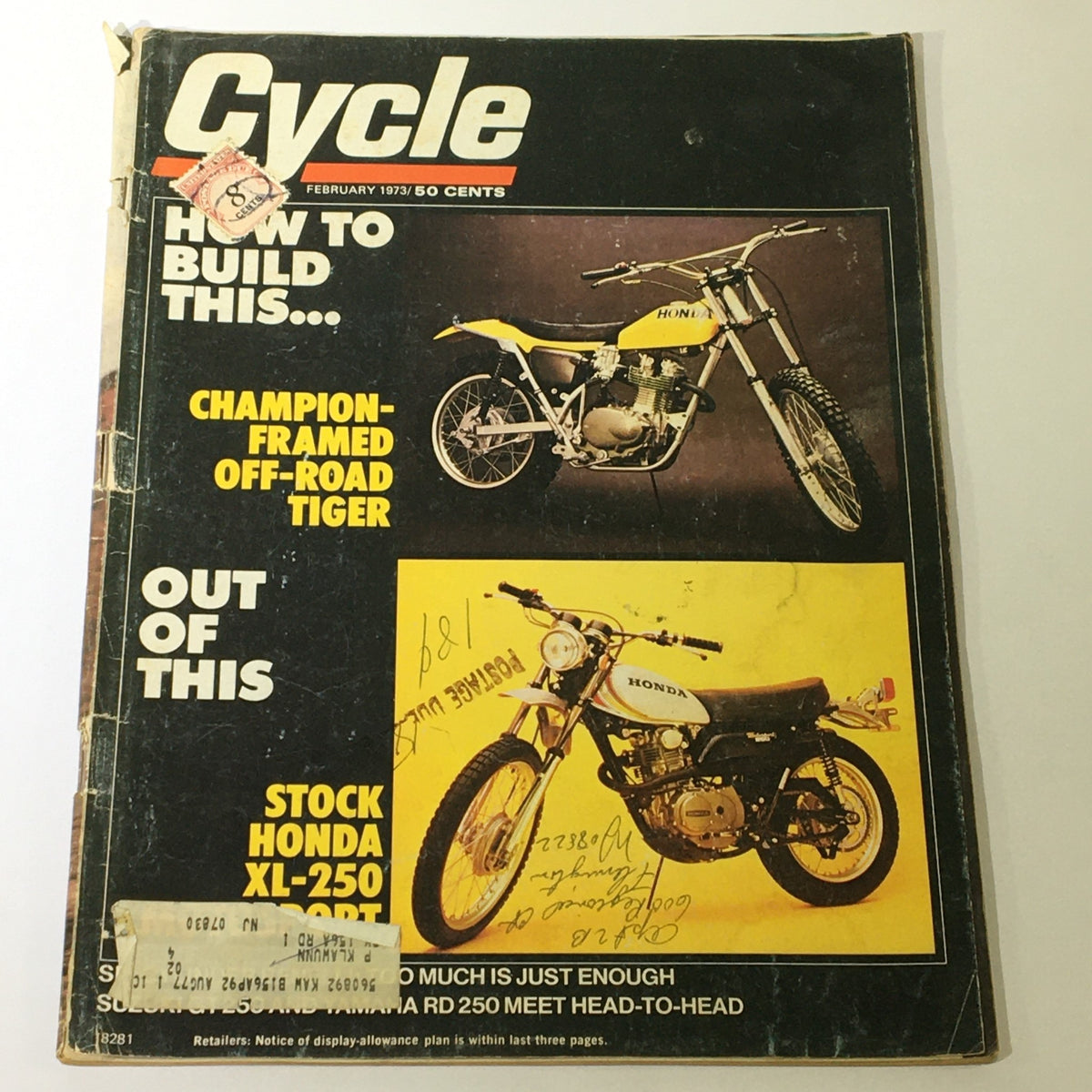 Cover of VTG Cycle Magazine February 1973 featuring the Champion-Framed Off-Road Tiger and Honda XL-250 motorcycles with vintage styling and text.
