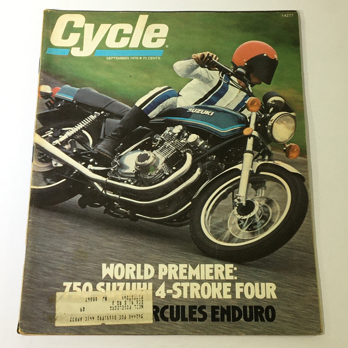 Vintage Cycle Magazine September 1976 featuring the World Premier 750 Suzuki 4-Stroke Four with a motorcyclist in action on the cover.