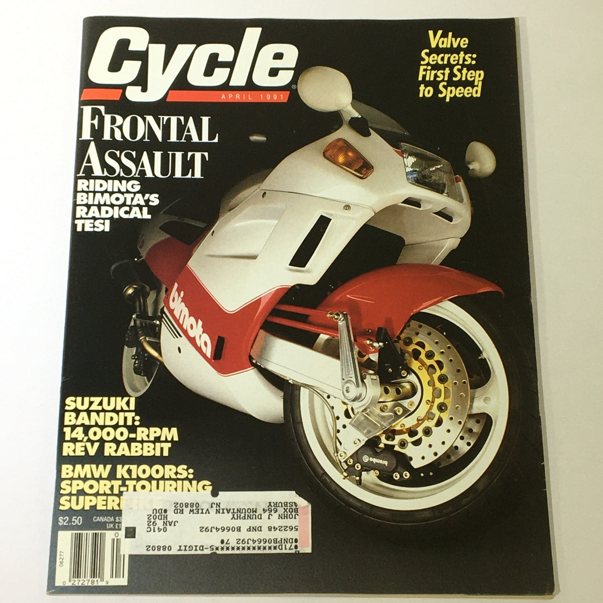 Cycle Magazine April 1991 featuring a cover story on the Suzuki Bandit and BMW K100RS, displaying a Bimota motorcycle. Collectible vintage motorcycle magazine.