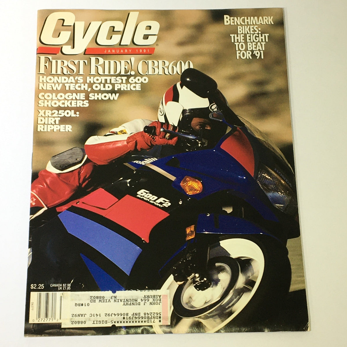 Cycle Magazine January 1991 cover featuring the Honda CBR600 and XR250L Dirt Ripper, showcasing the latest in benchmark bikes with a rider in action.