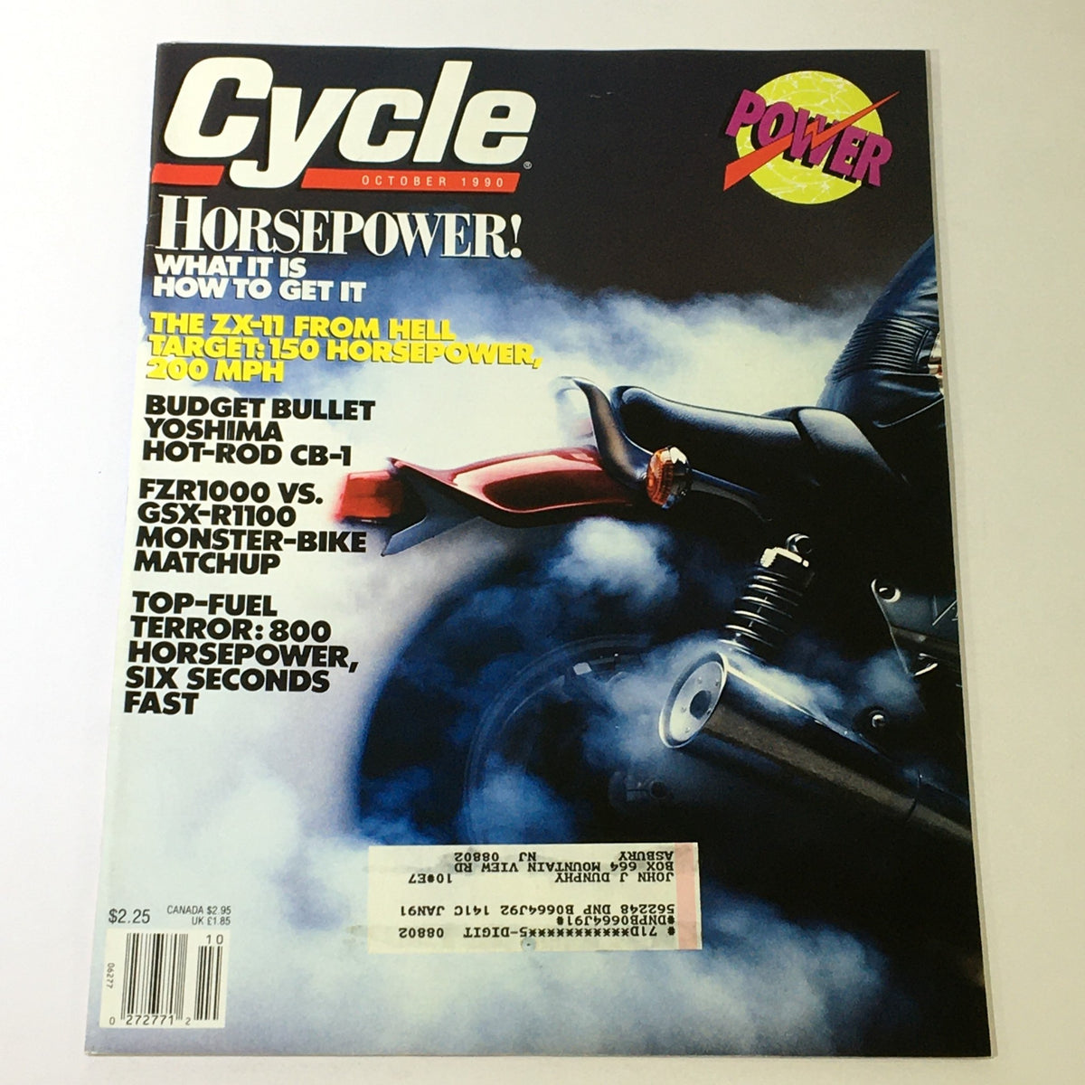Cover of Cycle Magazine, October 1990 edition featuring a comparison of FZR1000 vs GSX-R1100 and an article on Yoshima Hot-Rod CB-1. The cover highlights features such as 'Horsepower!' and 'Top-Fuel Terror: 800 Horsepower, Six Seconds Fast'.