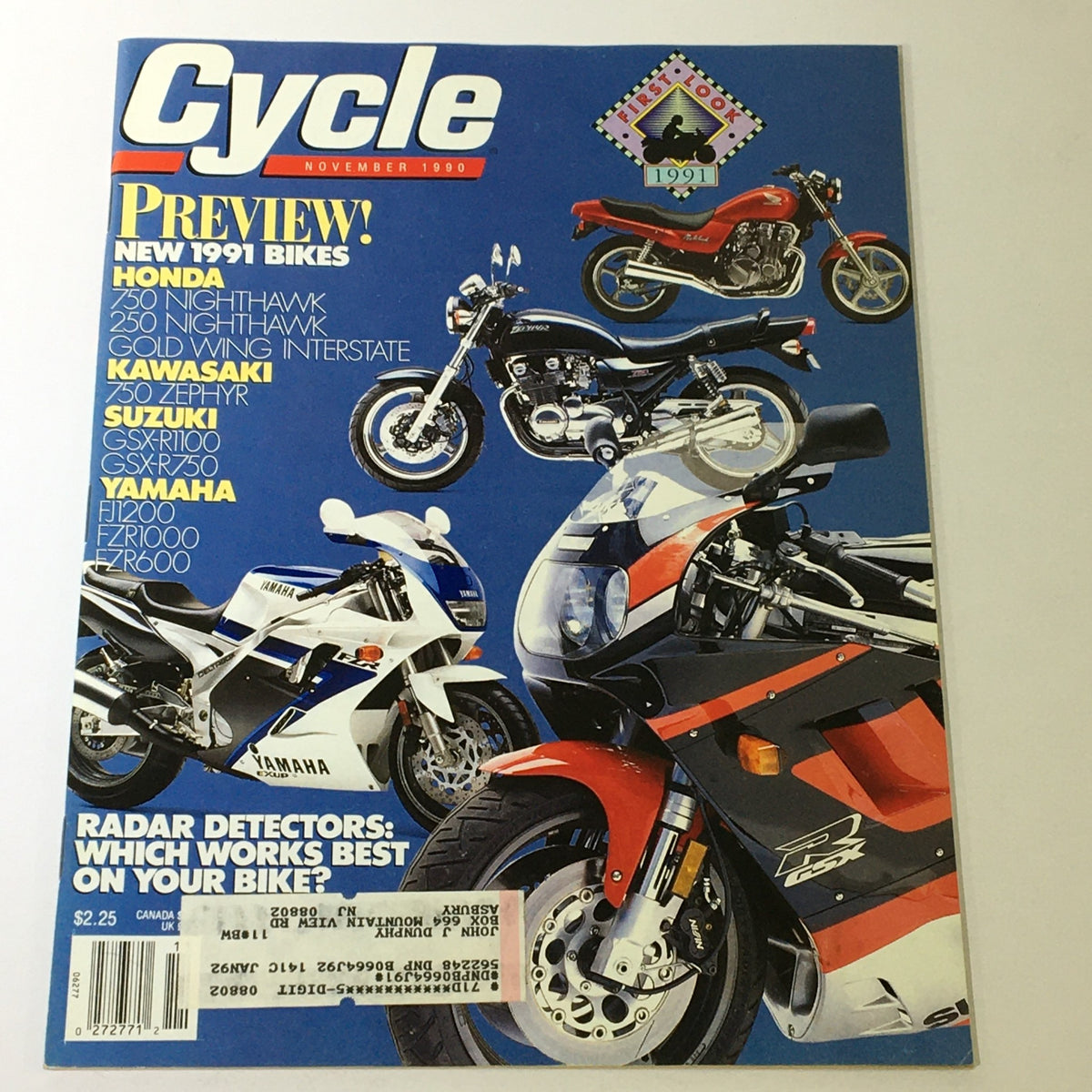 Cycle Magazine November 1990 cover featuring Honda 750 and 250 Nighthawk, Kawasaki 750 Zephyr, and other motorcycles, highlighting new 1991 bike previews.