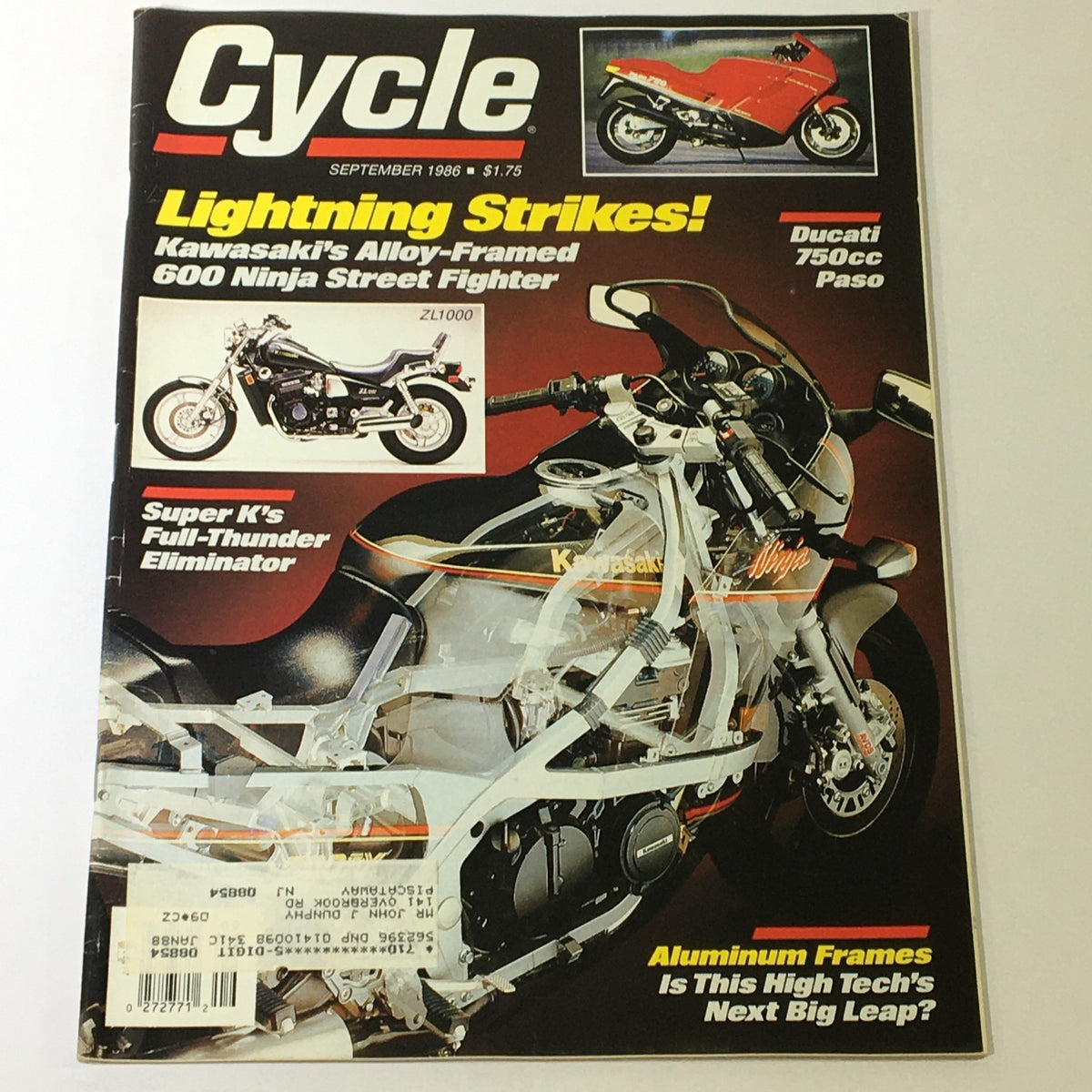 VTG Cycle Magazine September 1986 featuring Kawasaki 600 Ninja and Ducati 750cc Paso on the cover. The magazine highlights motorcycle innovations and performance insights from the 1980s.