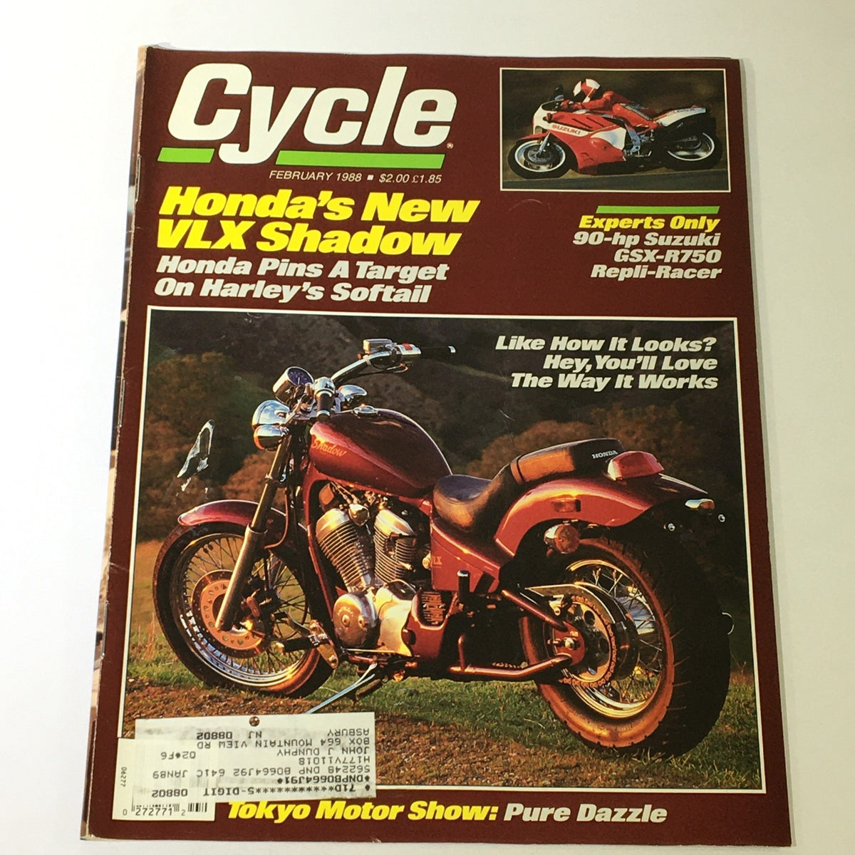 Cover of VTG Cycle Magazine February 1988 featuring Honda VLX Shadow and Suzuki GSX-R750 Racer, showcasing motorcycle history and culture.