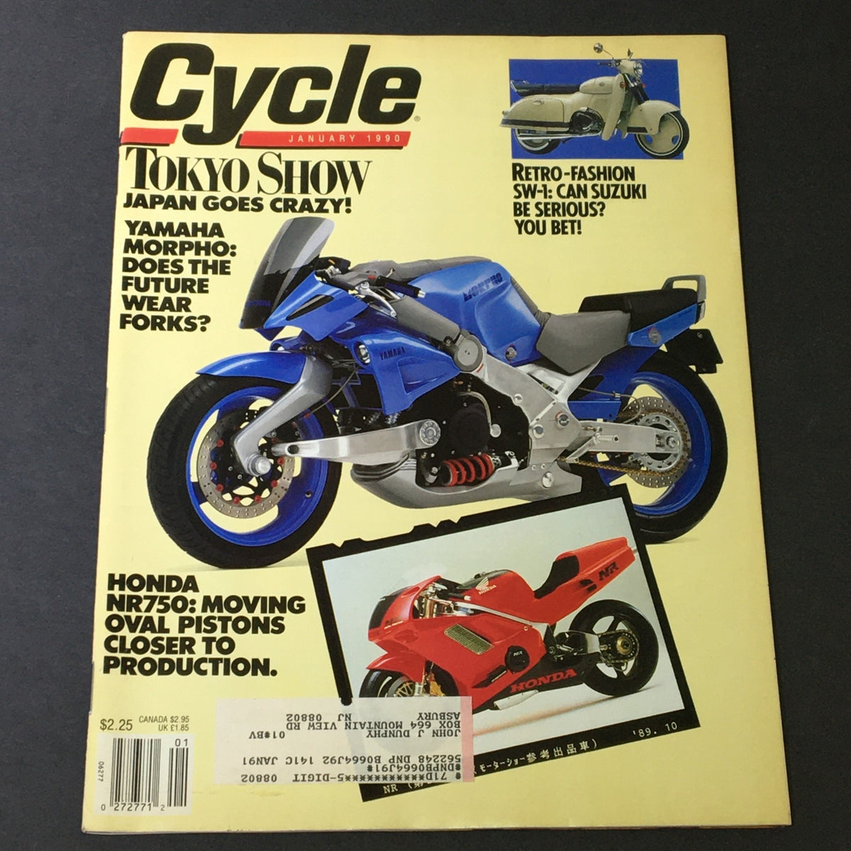 Cycle Magazine January 1990 cover featuring Yamaha Morpho, SW-1 Suzuki, and Honda NR750 with vibrant motorcycle designs and retro theme.