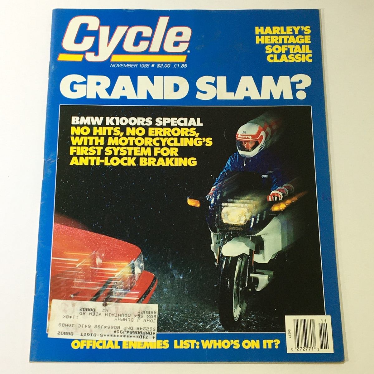 Cover of VTG Cycle Magazine from November 1988 featuring the Harley Softail Classic and BMW K100RS Special, highlighting articles on anti-lock braking and motorcycle culture.