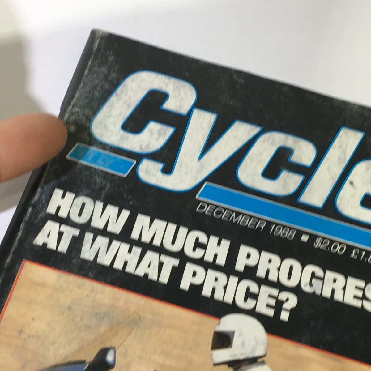 Close-up of the title section from VTG Cycle Magazine December 1988, showcasing the iconic logo and tagline 'How Much Progress, at What Price?'