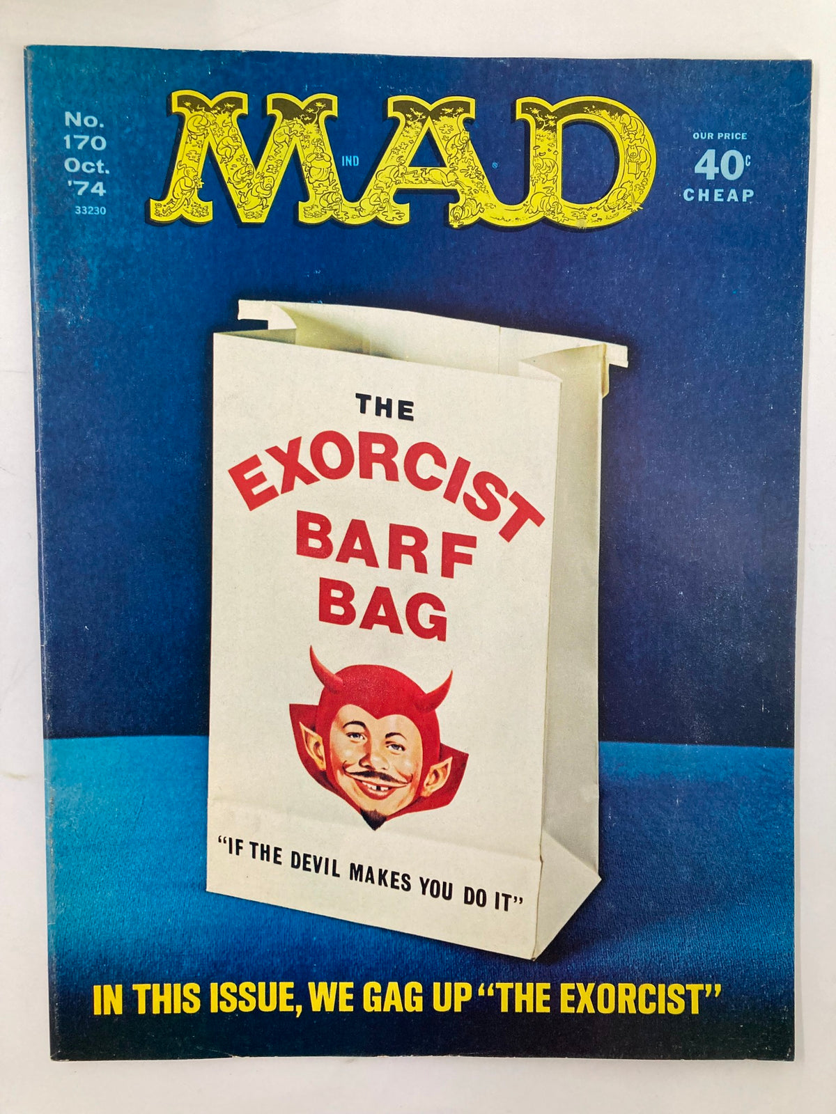 Mad Magazine October 1974 No. 170 cover featuring 'The Exorcist Barf Bag' design, showcasing a humorous illustration of a devilish character and a comedic take on the horror genre.