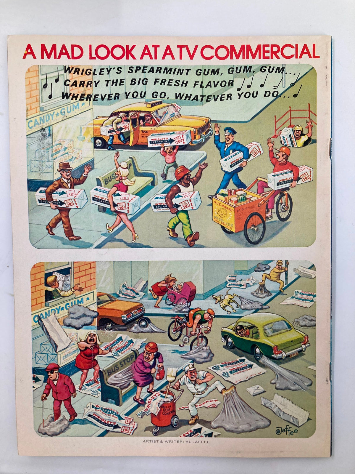 Back cover of Mad Magazine October 1974 No. 170 featuring a humorous cartoon titled 'A Mad Look at a TV Commercial,' depicting exaggerated scenarios related to Wrigley's Spearmint Gum.
