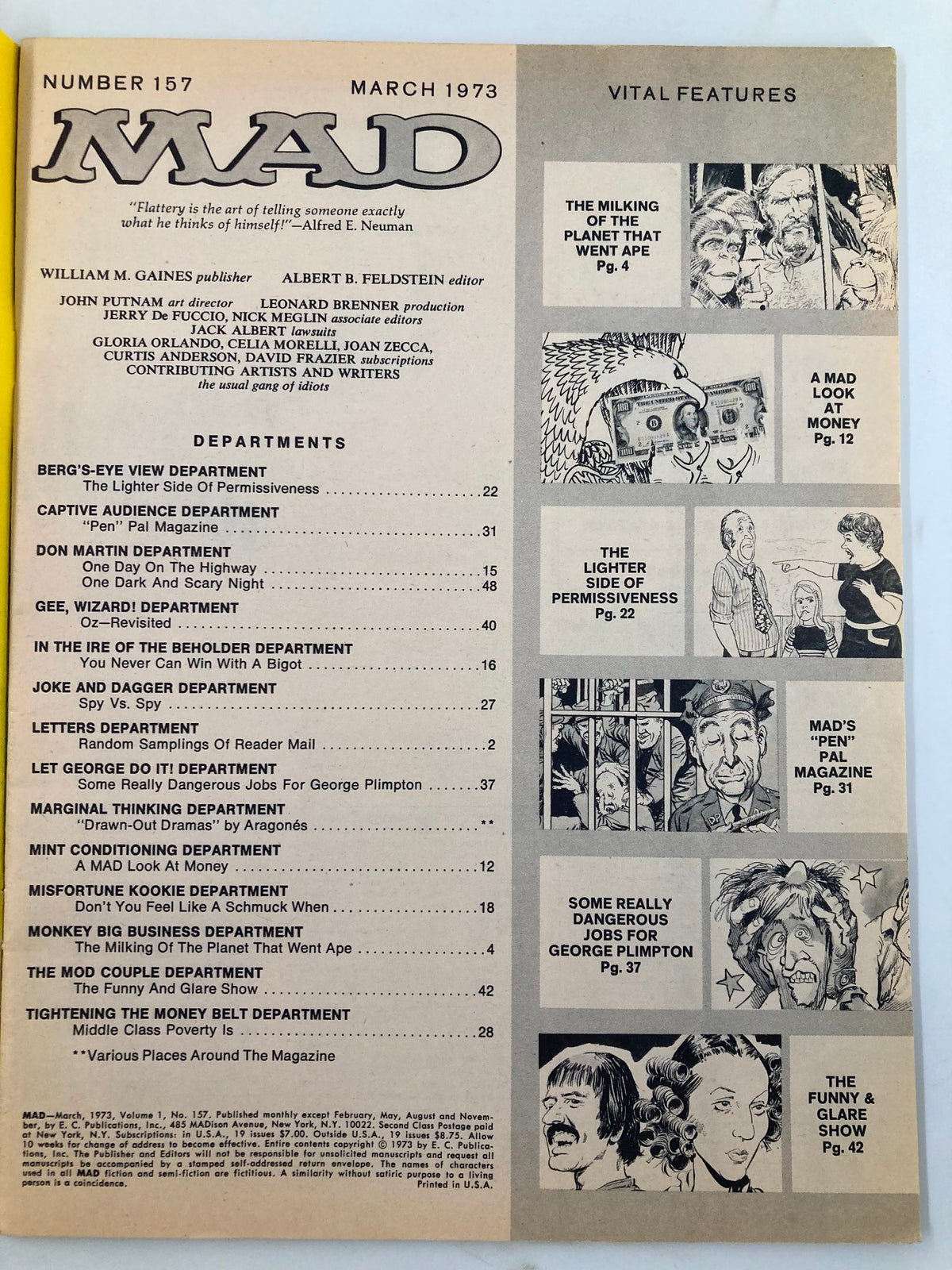 Inside page of Mad Magazine March 1973 No. 157 showing the contents section, detailing various articles and comedic features, emphasizing the magazine's humorous take on pop culture.