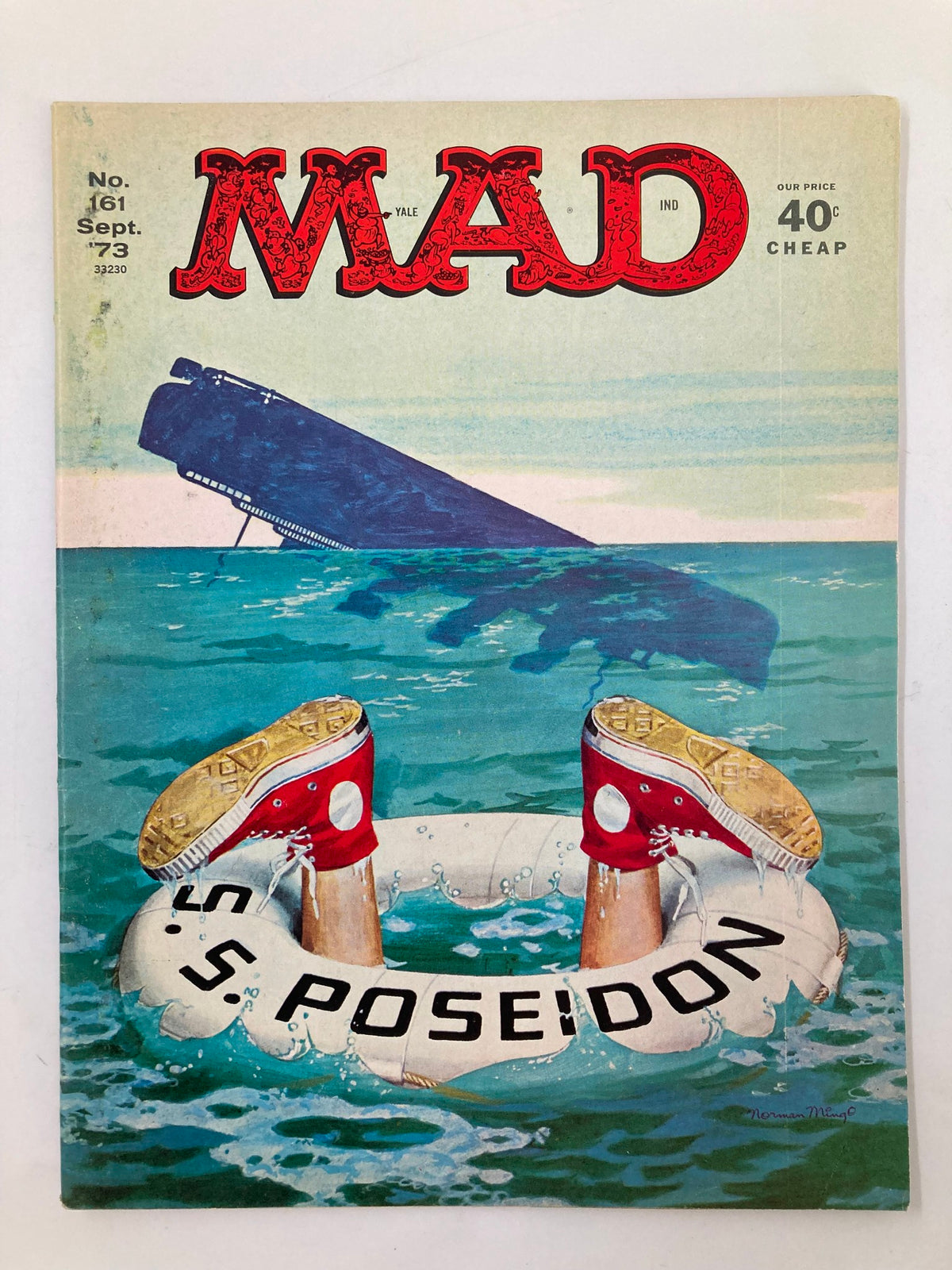 Mad Magazine September 1973 No. 161 cover featuring humorous illustration of legs in a lifebuoy with S.S. Poseidon background.