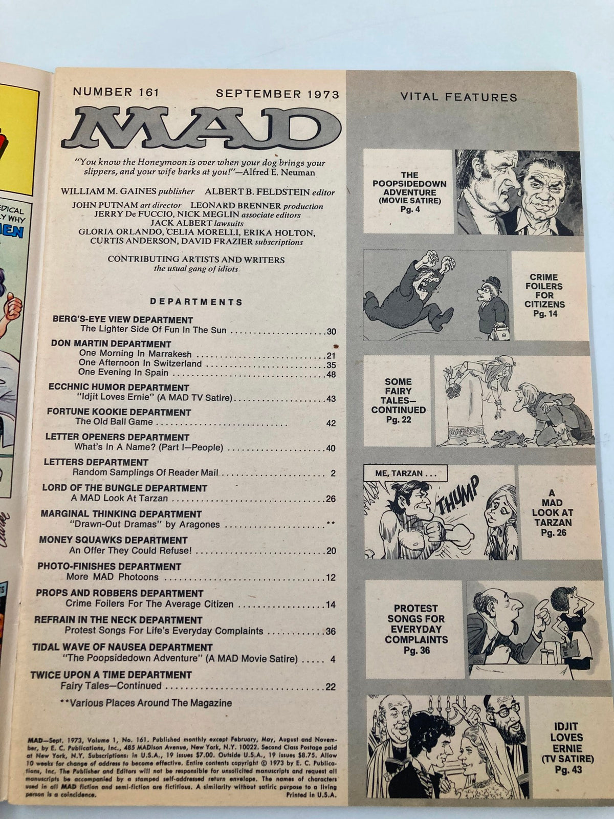 Inside page of Mad Magazine September 1973 No. 161 displaying the table of contents and key features of the issue.
