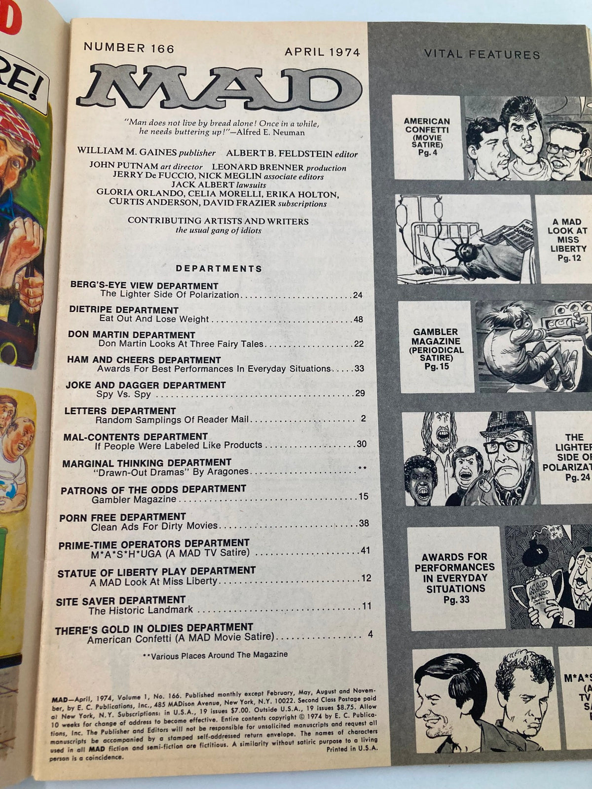 Mad Magazine April 1974 No. 166 The Middle Finger VG Very Good 4.0 No Label