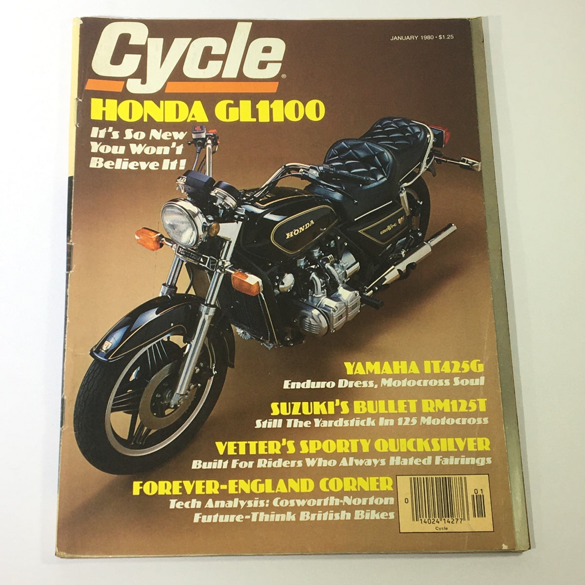 Vintage Cycle Magazine cover from January 1980 featuring the Honda GL1100 motorcycle, Yamaha IT425G, and Suzuki RM125T, showcasing motorcycle history and design innovations of the era.