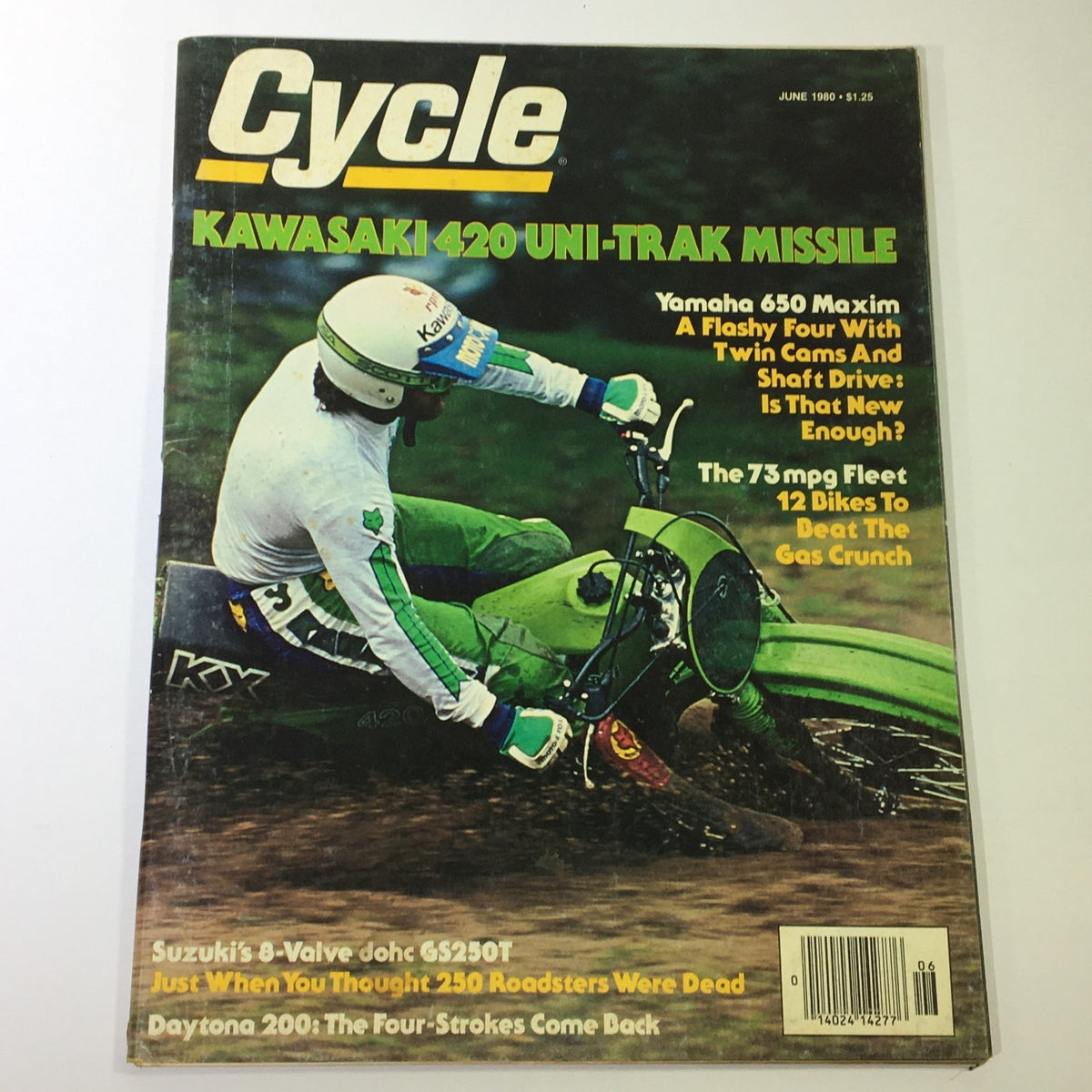 Cover of VTG Cycle Magazine from June 1980 featuring the Kawasaki 420 Uni-Trak Missile and Yamaha 650 Maxim. The magazine highlights motorcycle culture with articles on innovative designs and technology of the era.