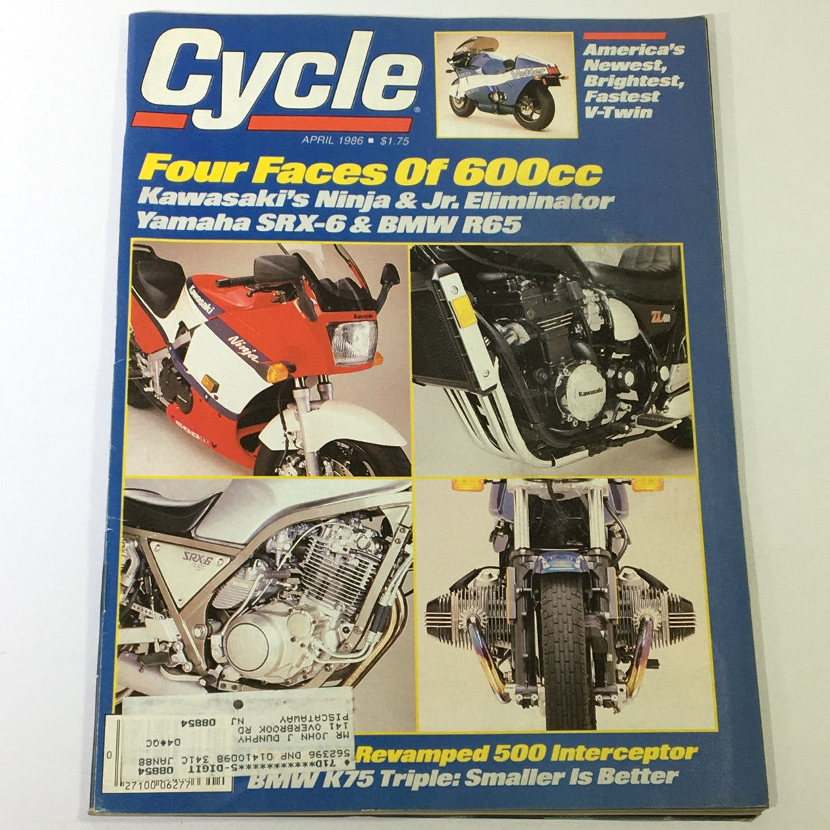Vintage Cycle Magazine cover from April 1986 featuring Kawasaki Ninja & Jr. Eliminator, Yamaha SRX-6, and BMW R65. Highlights the four featured motorcycles with engaging headlines about their performance and design.