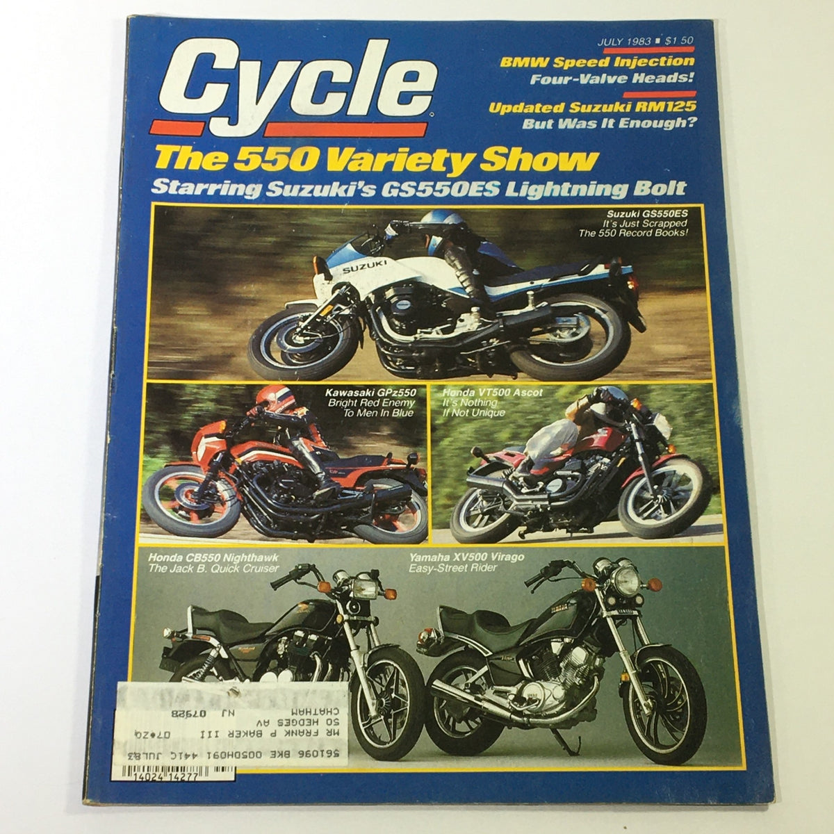 Cover of VTG Cycle Magazine July 1983 featuring Suzuki GS550ES, Kawasaki GPz550, Honda VT500. Showcasing motorcycle reviews and features from the 1980s.