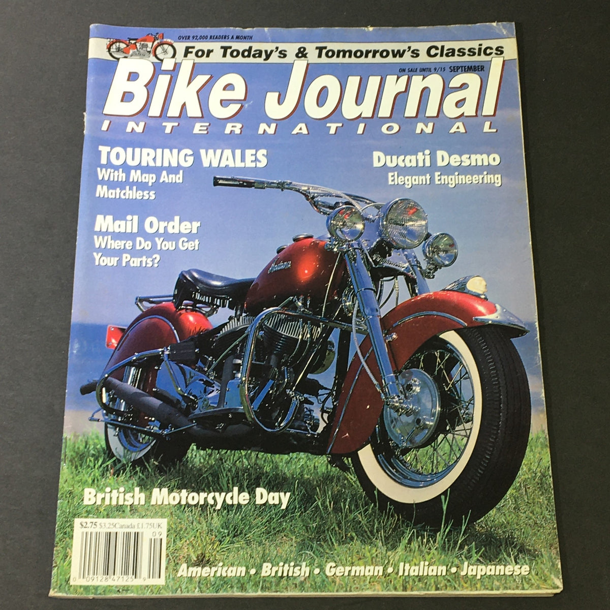 Cover of Bike Journal International Magazine September 2015 featuring Ducati Desmo and a classic motorcycle, highlighting a Wales Tour.