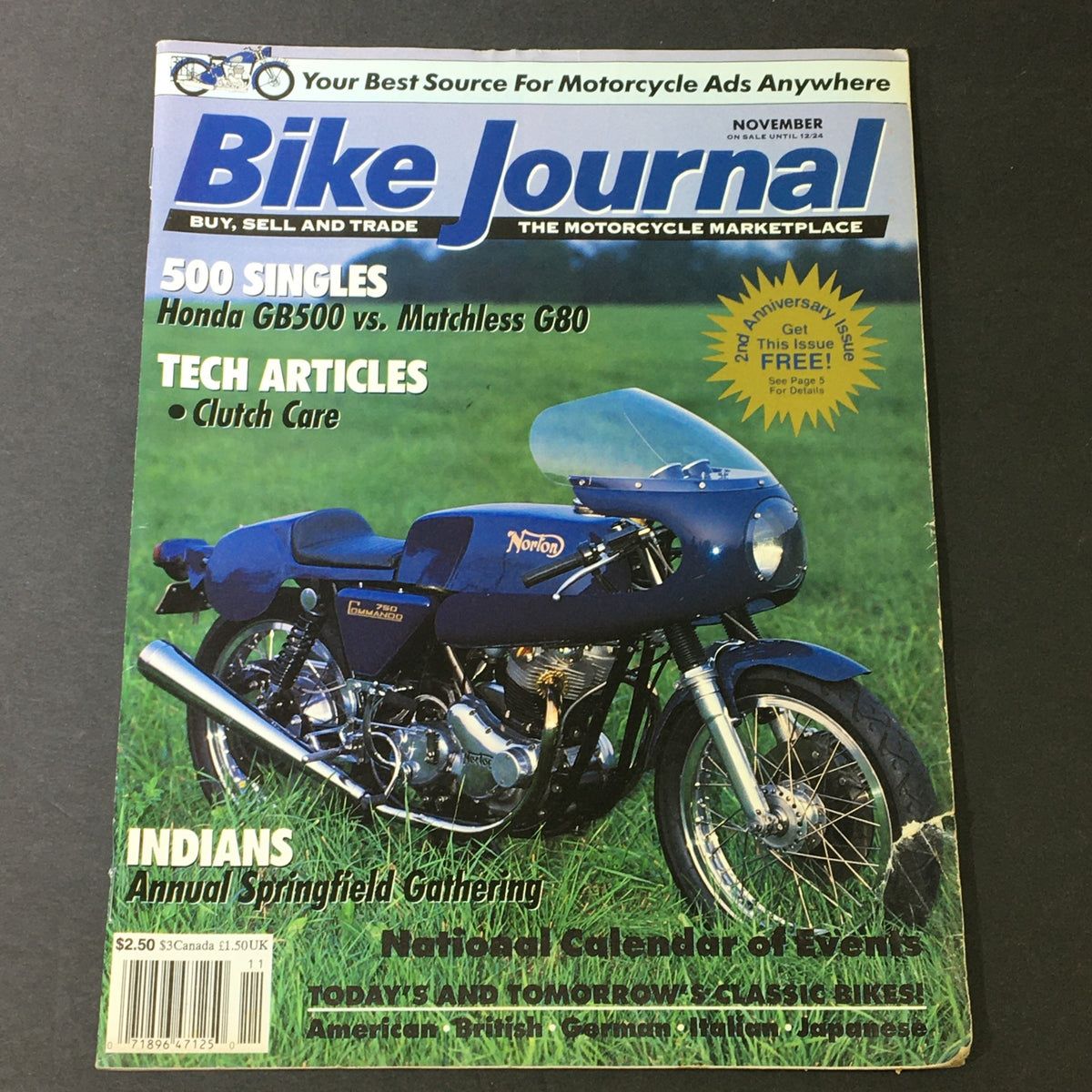 Cover of Bike Journal Magazine November 2017 featuring Honda GB500 vs Matchless G80 and Norton 750, showcasing a classic motorcycle on the front.
