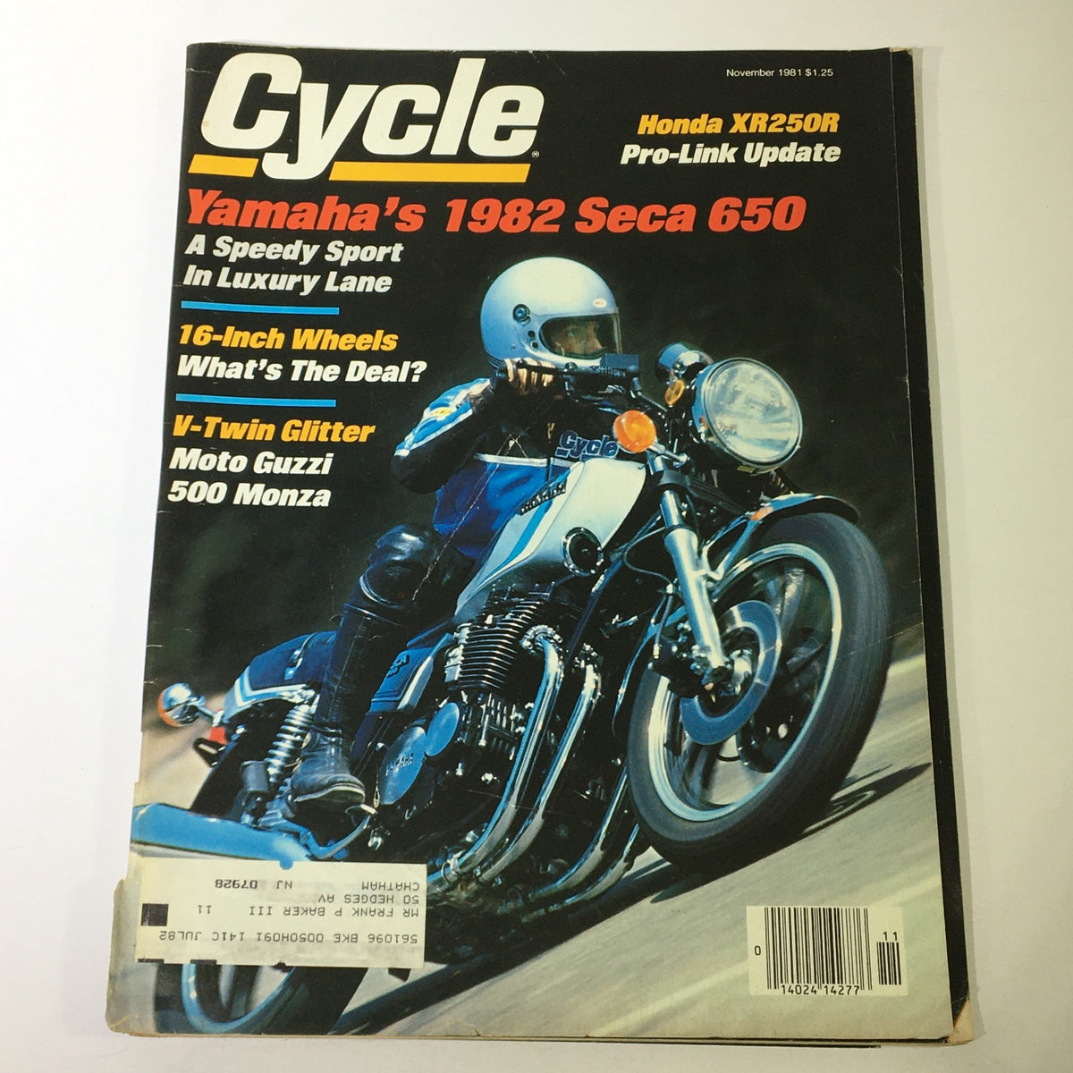 Vintage Cycle Magazine - November 1981 issue showcasing a rider on a motorcycle, featuring notable models like the Honda XR250R and Yamaha Seca 650, capturing the essence of early '80s motorcycle culture.