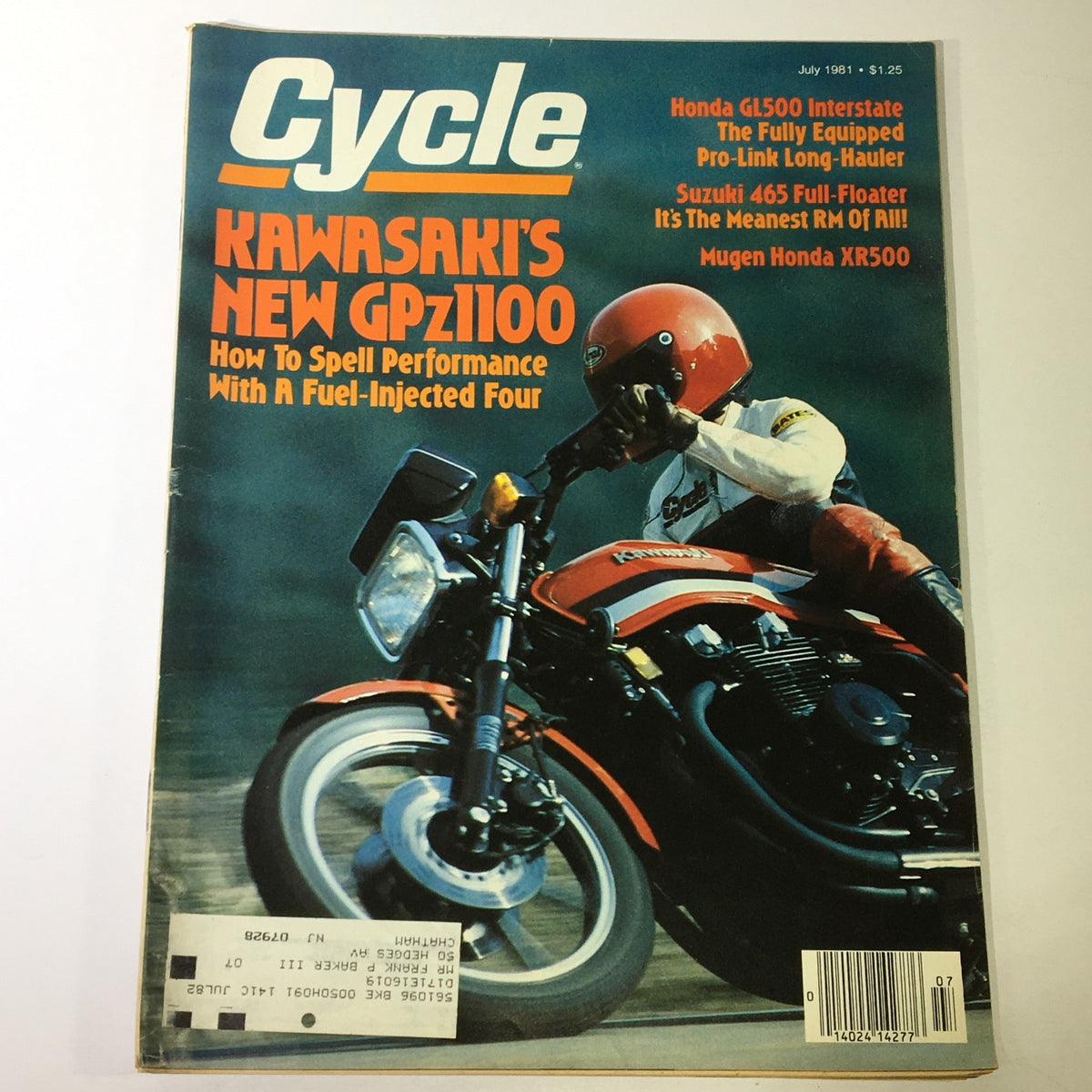 Cover of Vintage Cycle Magazine July 1981 featuring Kawasaki GPz1100, Honda GL500, and Suzuki 465. The cover includes on-bike action photography and vibrant graphics highlighting motorcycle performance.