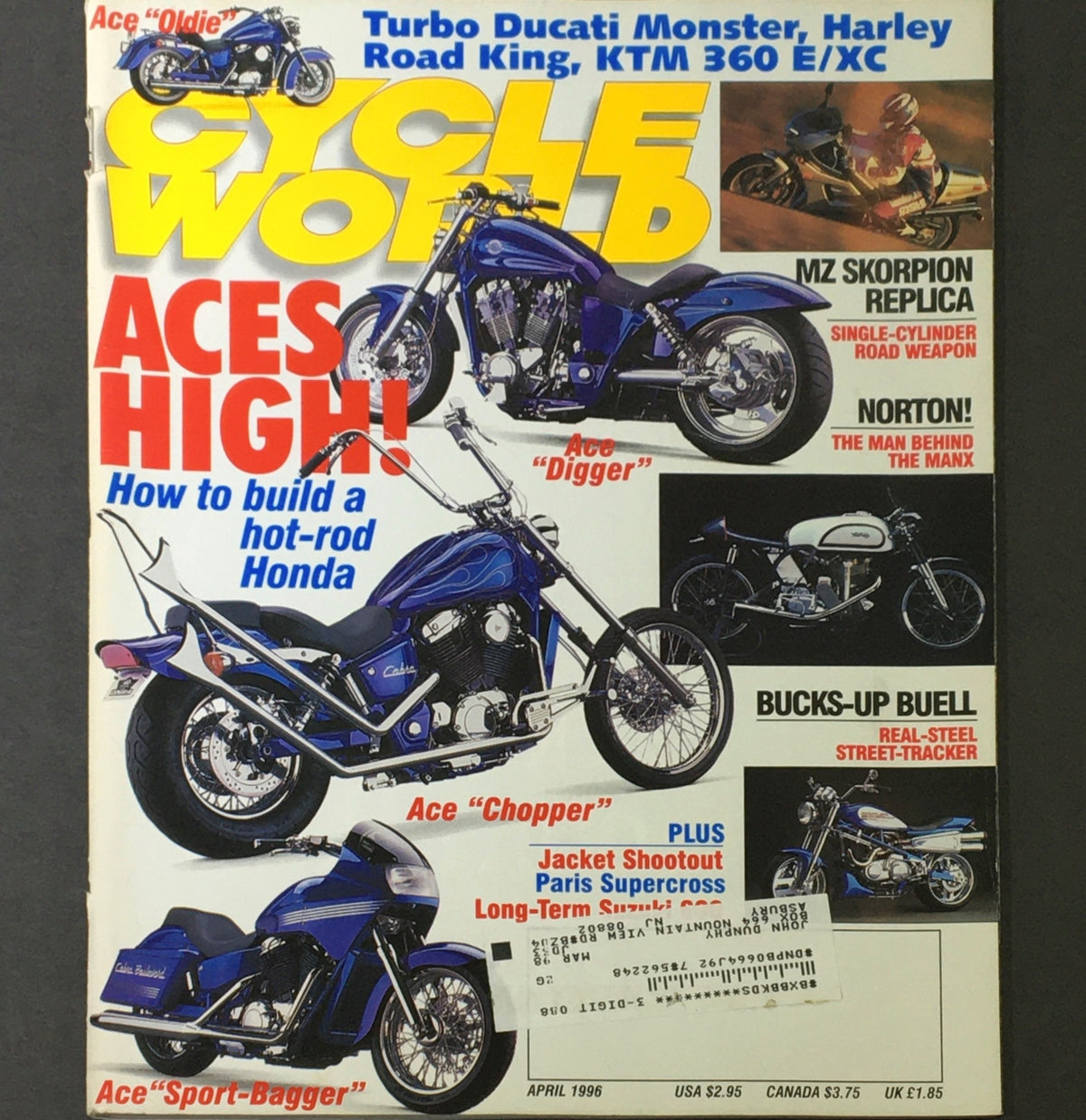 Cycle World Magazine April 1996 featuring the Ducati Monster, Harley Road King, and KTM 360 E/XC on the cover with eye-catching graphics and motorcycle images.