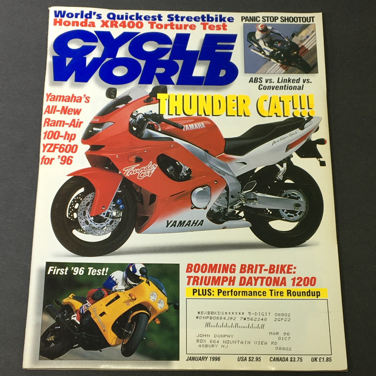 Cycle World Magazine January 1996 cover showcasing the Yamaha Ram-Air YZF600 and Yamaha Thunder Cat, featuring vibrant graphics and motorcycle imagery. Ideal for vintage motorcycle enthusiasts and collectors.