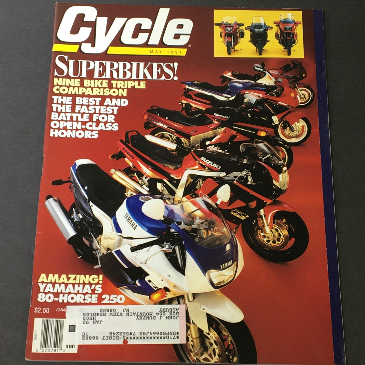 Cover of Cycle Magazine May 1991 featuring Yamaha 80-Horse 250, Suzuki 1100, and Ninja ZN-11 motorcycles with bold text highlighting Superbikes and a comparison of nine bike models.