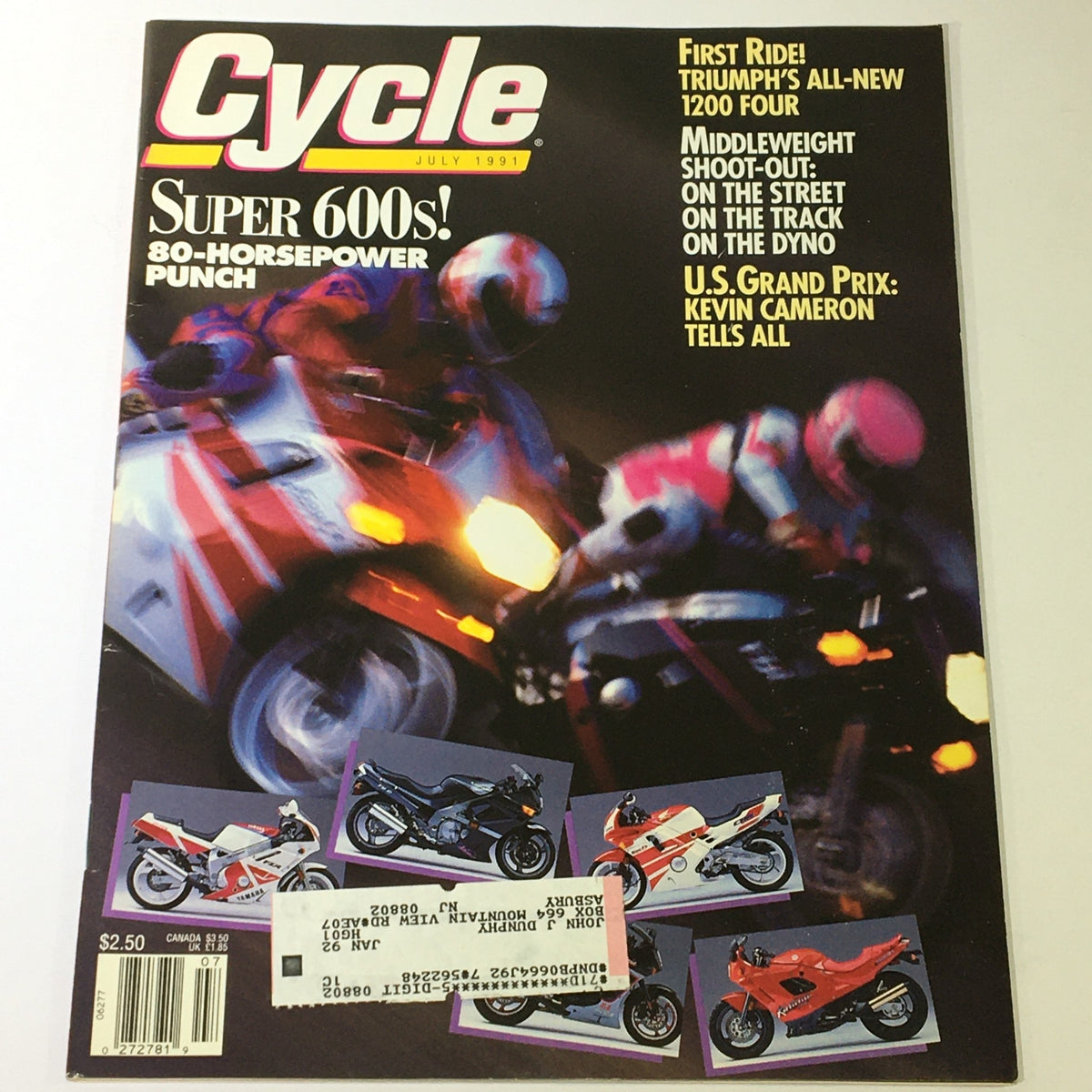 Cycle Magazine July 1991 cover featuring an article on Triumph 1200 Four and U.S. Grand Prix by Kevin Cameron.