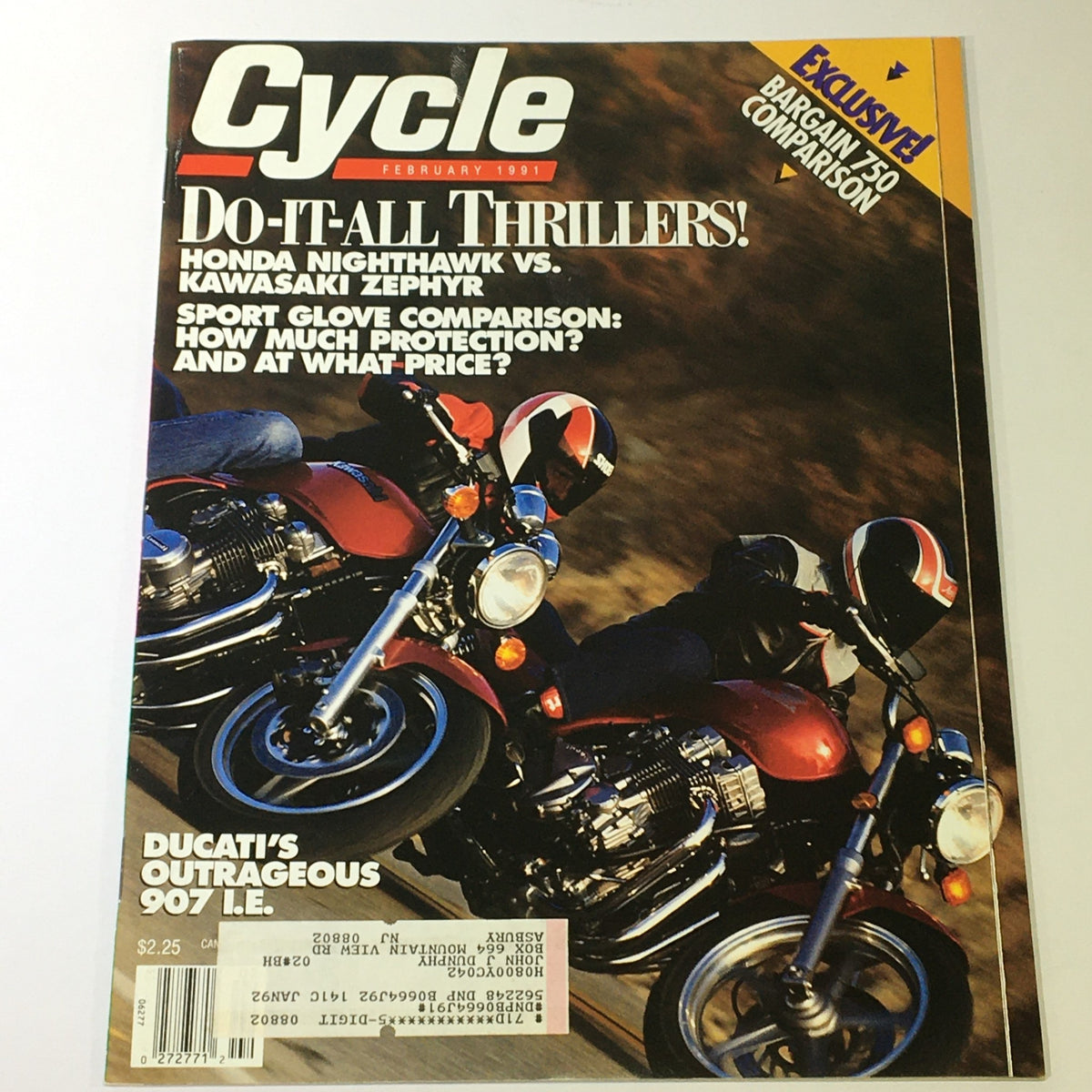 Cycle Magazine February 1991 featuring a comparison of Honda Nighthawk vs Kawasaki Zephyr, showcasing motorcycles on the cover.