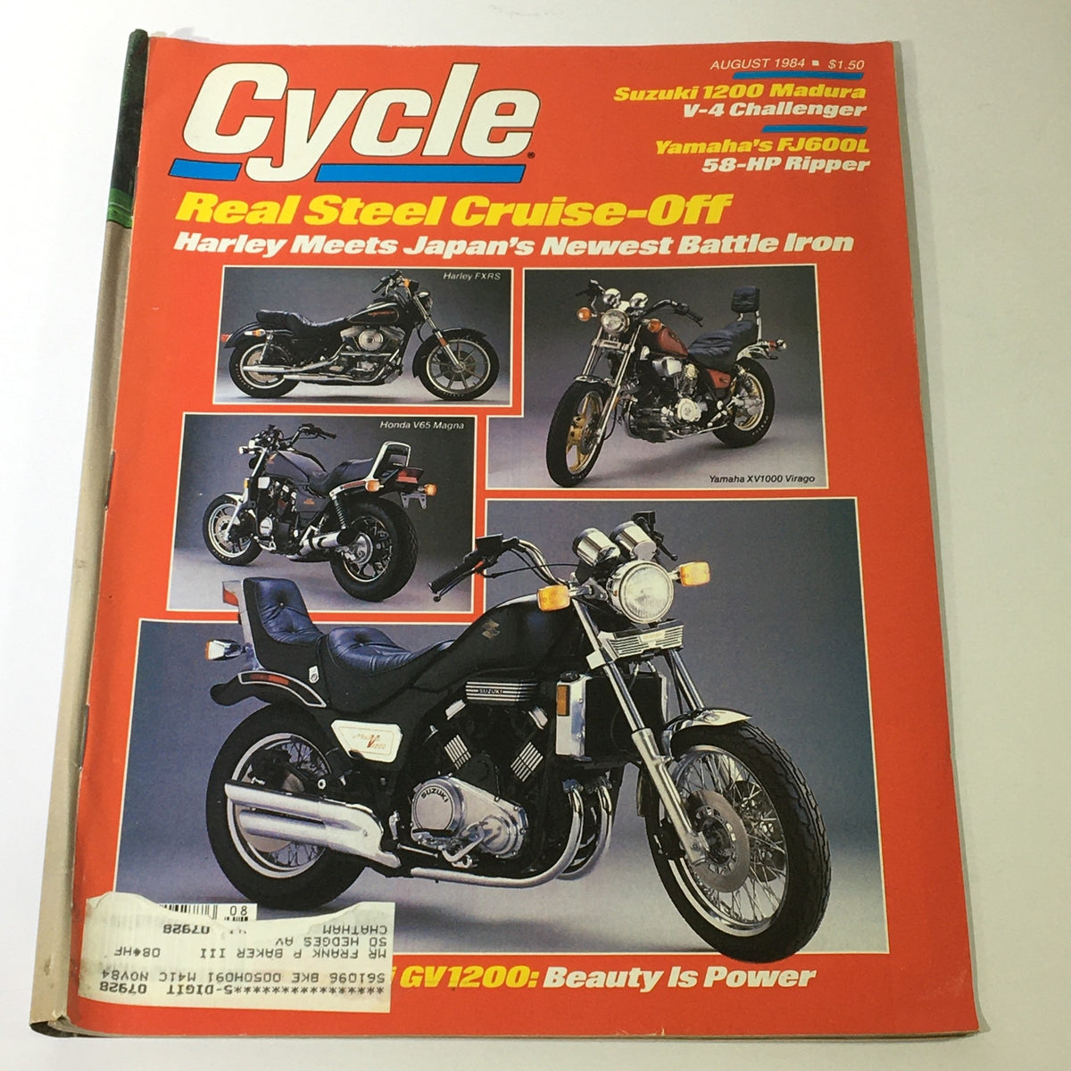 Cover of the VTG Cycle Magazine August 1984 featuring the Suzuki 1200 Madura V-4 and Yamaha FJ600L motorcycles, showcasing motorcycle technology from the 1980s.