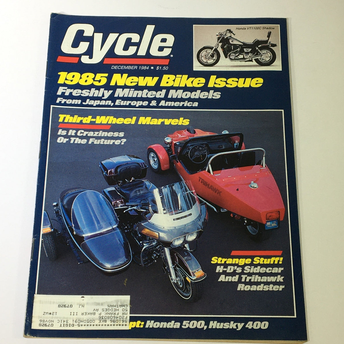 VTG Cycle Magazine cover from December 1984 featuring the Honda VT1100C Shadow, showcasing motorcycle culture and models like Honda 500 and Husky 400.