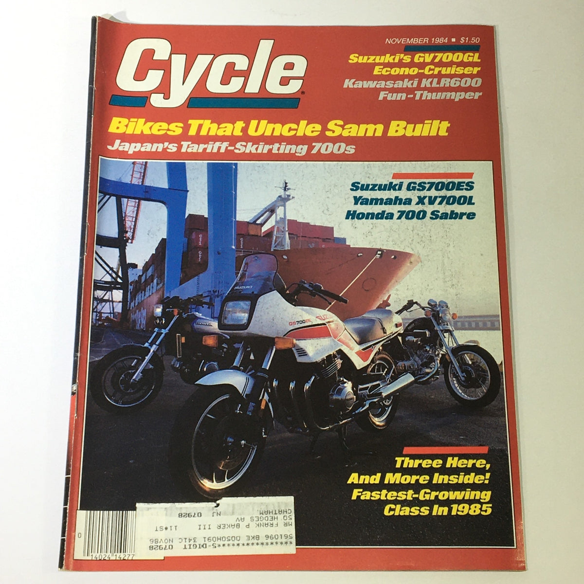 VTG Cycle Magazine November 1984 featuring the Suzuki GV700GL EconoCruiser and Kawasaki KLR600 on the cover, highlighting key motorcycle features and historical significance.