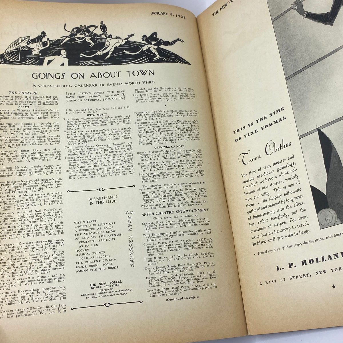 Inside spread of The New Yorker magazine from January 9, 1932 featuring the 'Goings On About Town' section, showcasing event listings and advertisements, complementing the Theodore Haupt cover art design, in very good condition.